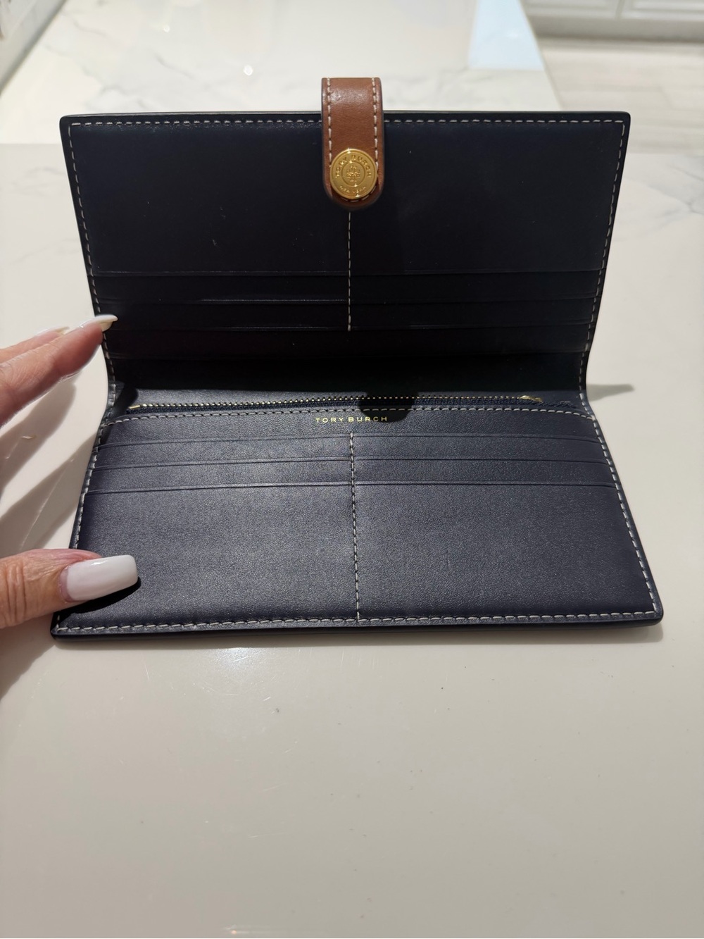 Tory Burch Navy Logo Canvas Continental Wallet with Brown Strap - Picture 2 of 6